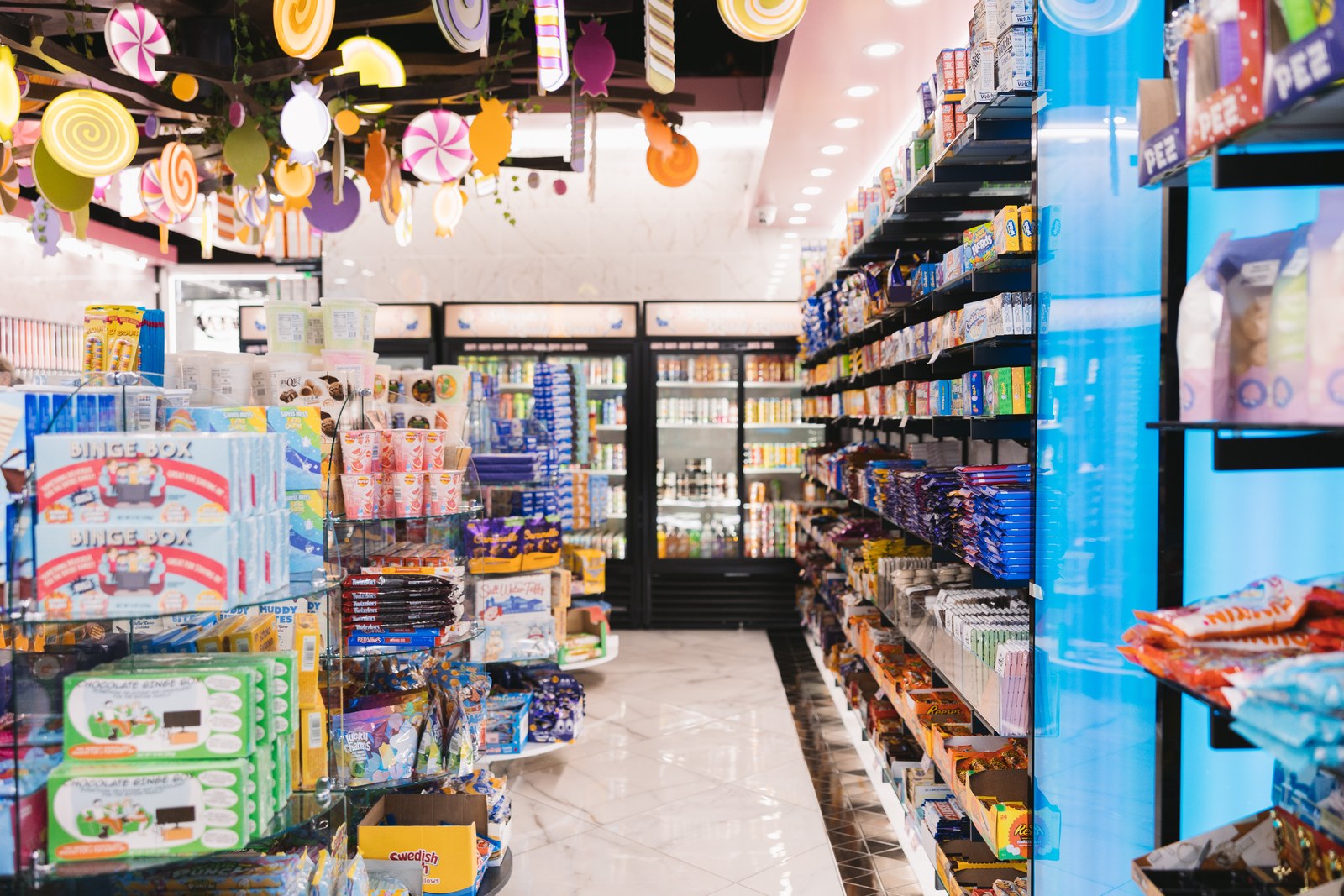 Colourful candy displays and hanging sweet decorations inside Ricardo’s Kandy Korner
